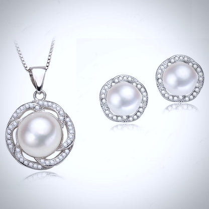 "Marcella" - Sterling Silver Natural Pearl and Cubic Zirconia Bridal Jewelry Set