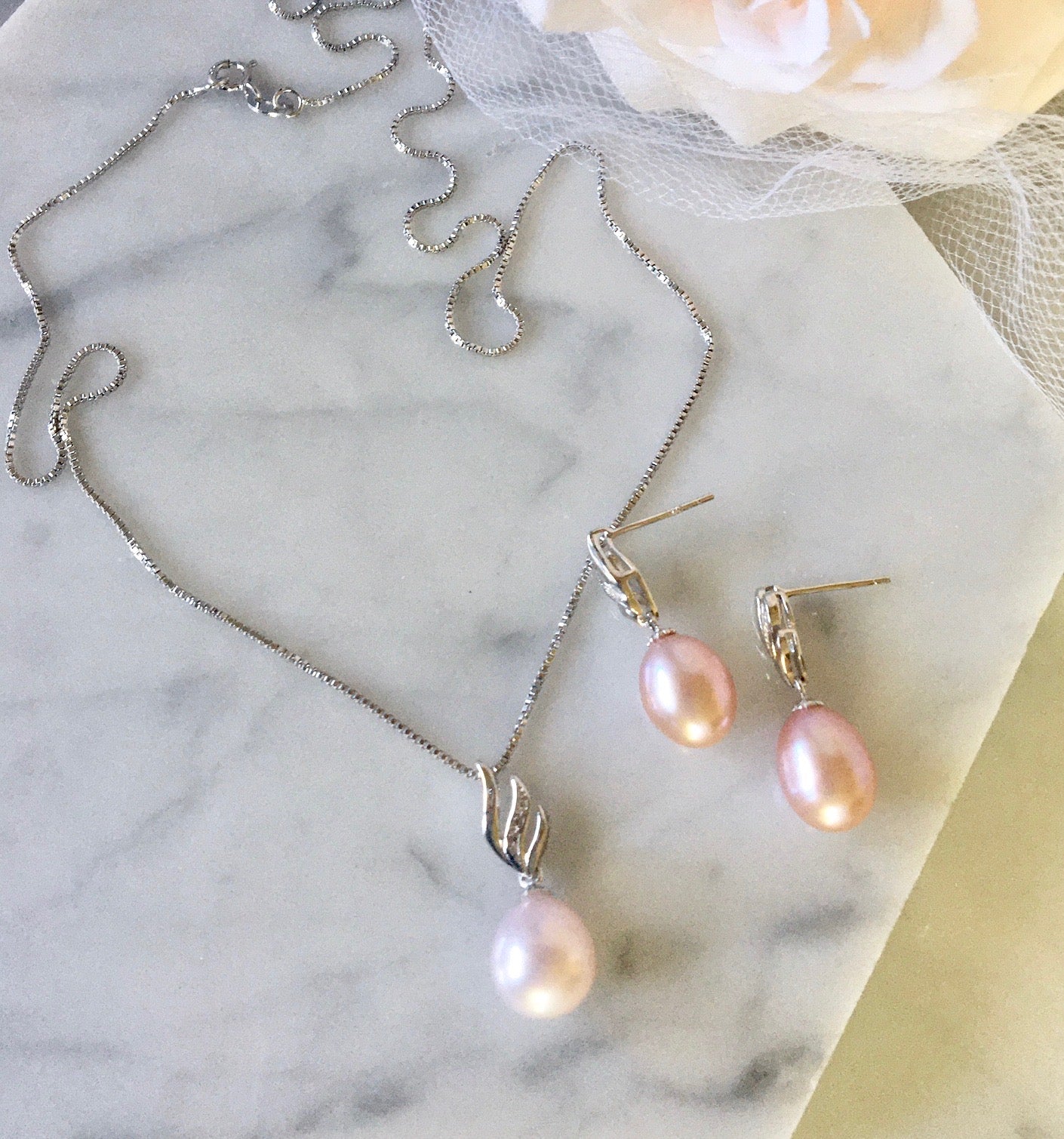 "Alegria" - Sterling Silver and Natural Pearl Bridal Jewelry Set - More Colors Available