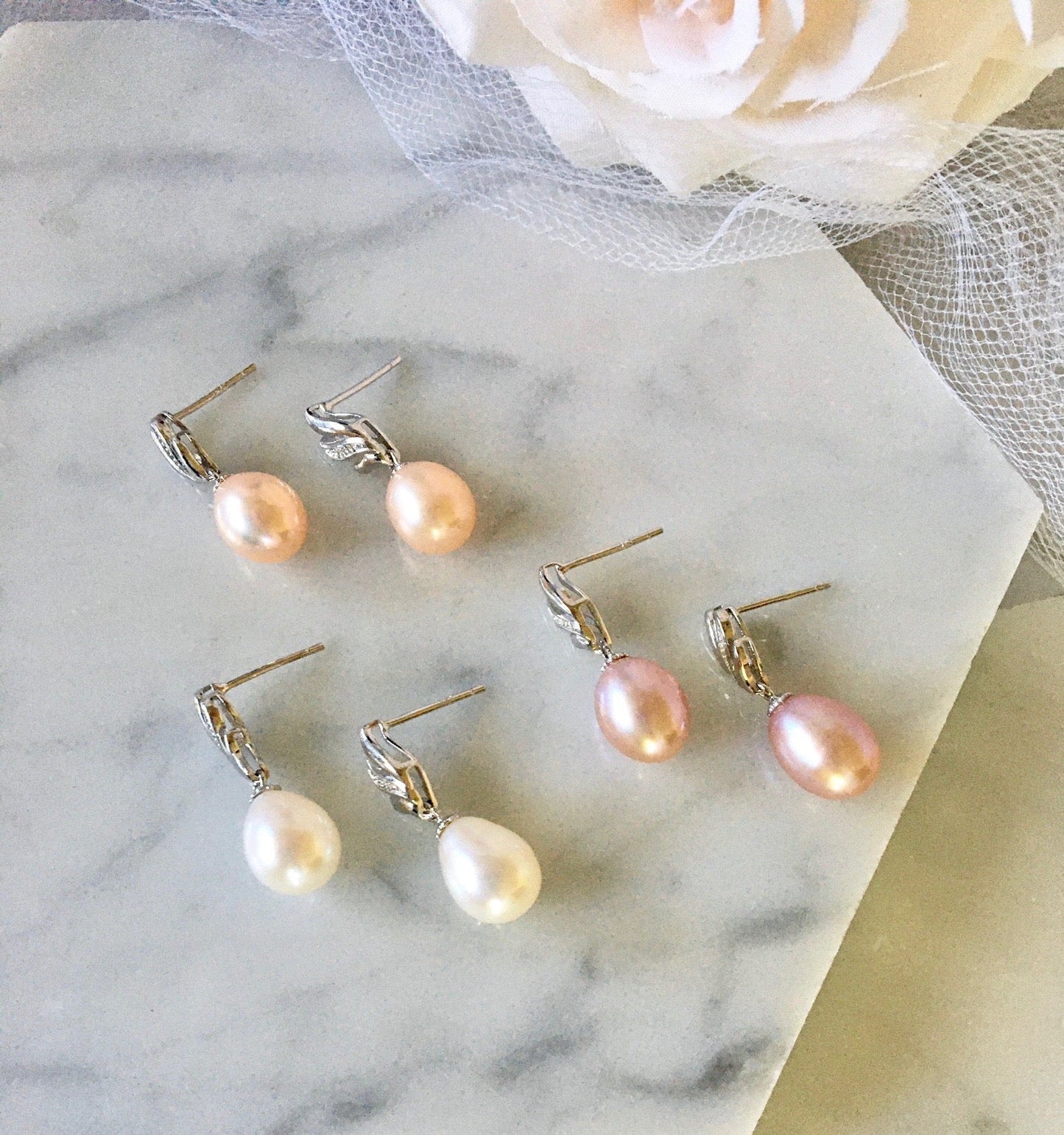 "Alegria" - Sterling Silver and Natural Pearl Bridal Jewelry Set - More Colors Available