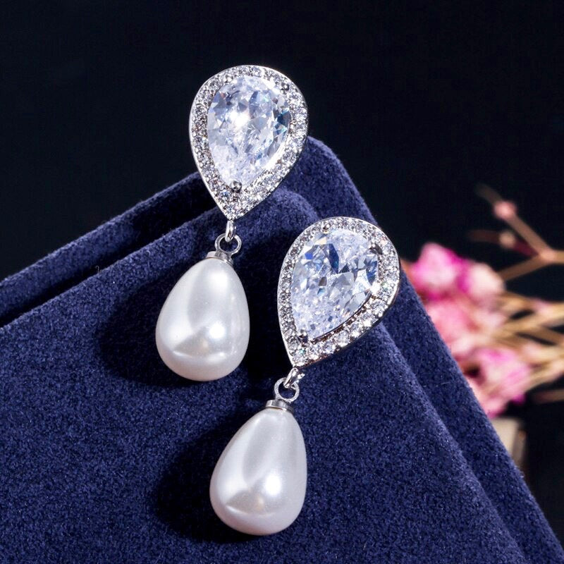 Janna - Pearl and Cubic Zirconia Bridal Necklace and Earrings Set - Available in Silver, Rose Gold and Yellow Gold