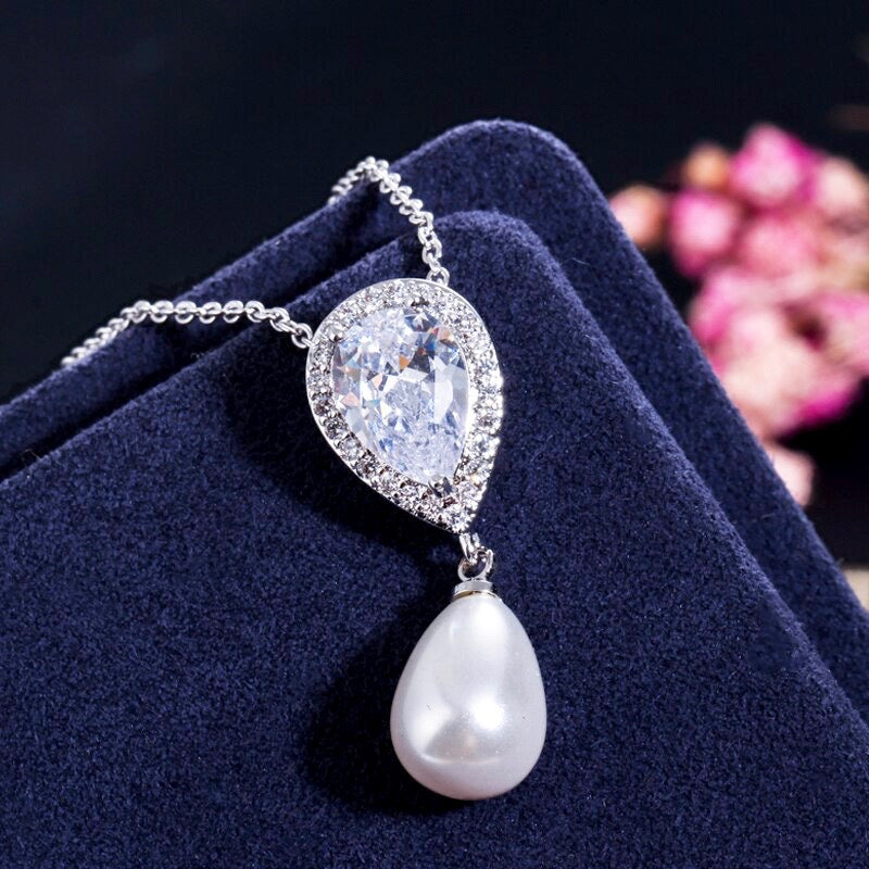Janna - Pearl and Cubic Zirconia Bridal Necklace and Earrings Set - Available in Silver, Rose Gold and Yellow Gold