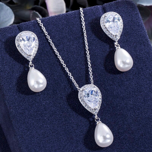 Janna - Pearl and Cubic Zirconia Bridal Necklace and Earrings Set - Available in Silver, Rose Gold and Yellow Gold