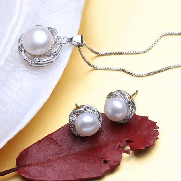 "Marcella" - Sterling Silver Natural Pearl and Cubic Zirconia Bridal Jewelry Set