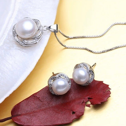 "Marcella" - Sterling Silver Natural Pearl and Cubic Zirconia Bridal Jewelry Set
