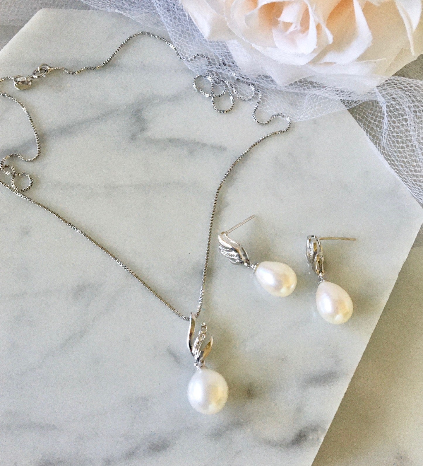 "Alegria" - Sterling Silver and Natural Pearl Bridal Jewelry Set - More Colors Available
