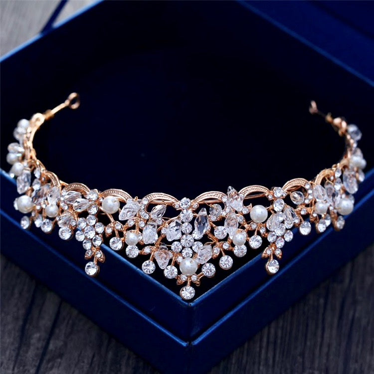 Blanche - Wedding Pearl and Crystal Tiara - Available in Silver, Rose Gold and Yellow Gold
