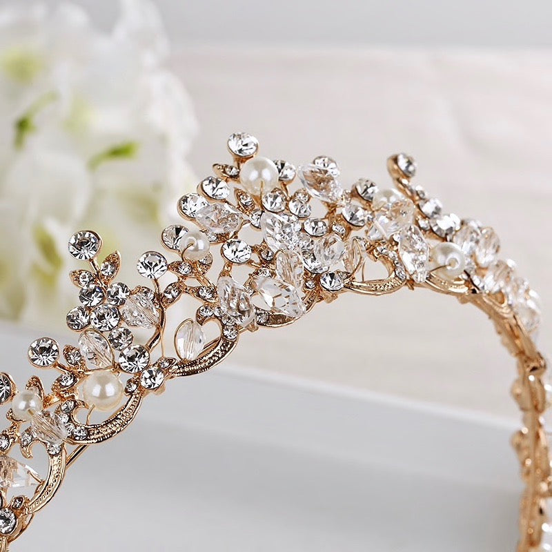 Blanche - Wedding Pearl and Crystal Tiara - Available in Silver, Rose Gold and Yellow Gold