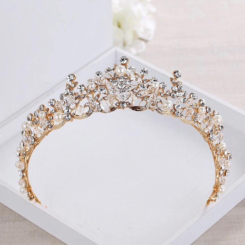 Blanche - Wedding Pearl and Crystal Tiara - Available in Silver, Rose Gold and Yellow Gold