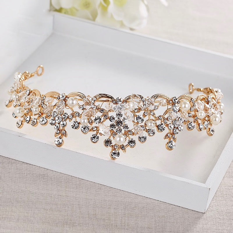Blanche - Wedding Pearl and Crystal Tiara - Available in Silver, Rose Gold and Yellow Gold