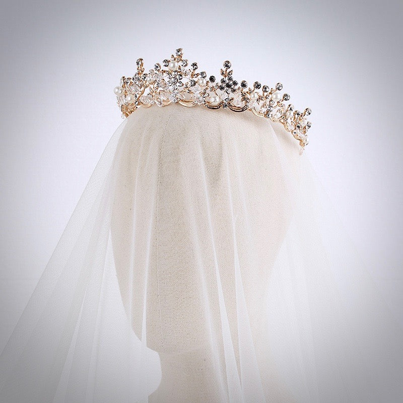 Blanche - Wedding Pearl and Crystal Tiara - Available in Silver, Rose Gold and Yellow Gold
