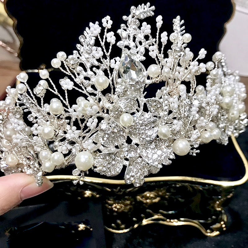 "Carolyn" - Pearl and Crystal Bridal Tiara - Available in Yellow Gold and Silver