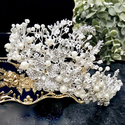 "Carolyn" - Pearl and Crystal Bridal Tiara - Available in Yellow Gold and Silver