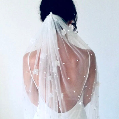 Tasia - Wedding Pearl and 3D Flowers Veil - Cathedral Length
