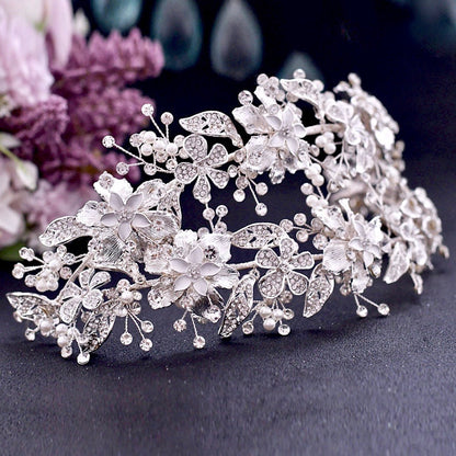 "Elody" - Silver Pearl and Crystal Bridal Double Headband/Vine