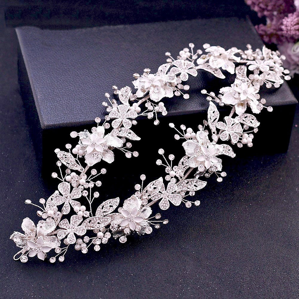 "Elody" - Silver Pearl and Crystal Bridal Double Headband/Vine
