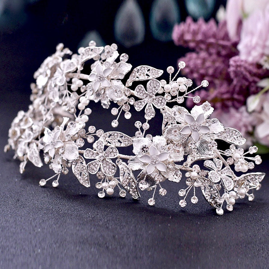 "Elody" - Silver Pearl and Crystal Bridal Double Headband/Vine