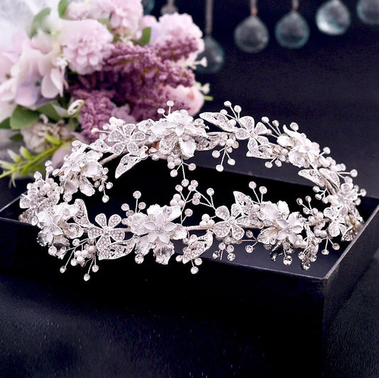 "Elody" - Silver Pearl and Crystal Bridal Double Headband/Vine