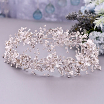 "Elody" - Silver Pearl and Crystal Bridal Double Headband/Vine