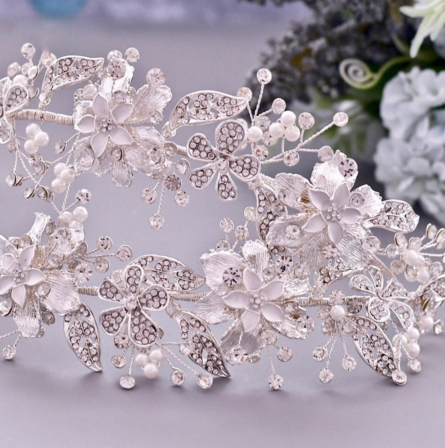 "Elody" - Silver Pearl and Crystal Bridal Double Headband/Vine
