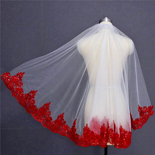 Felicity - Red Lace Fingertip Length Bridal Veil