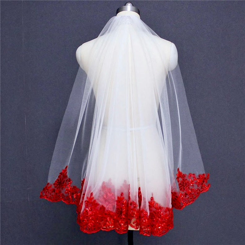 Felicity - Red Lace Fingertip Length Bridal Veil