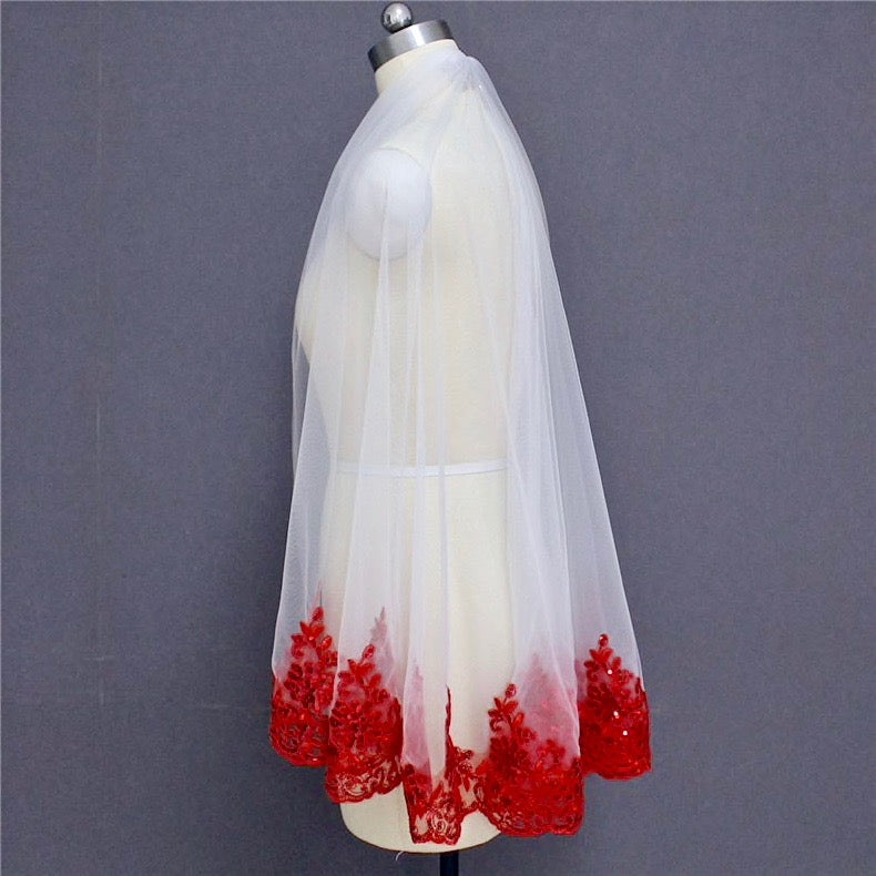 Felicity - Red Lace Fingertip Length Bridal Veil