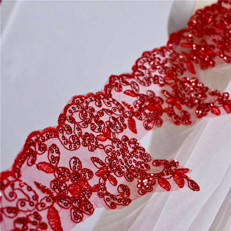 Felicity - Red Lace Fingertip Length Bridal Veil