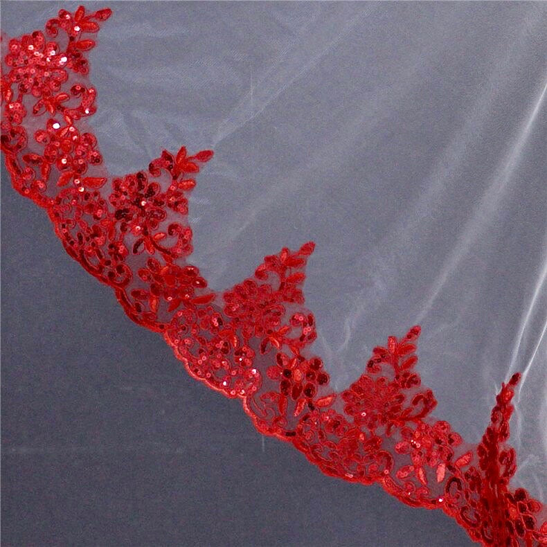 Felicity - Red Lace Fingertip Length Bridal Veil