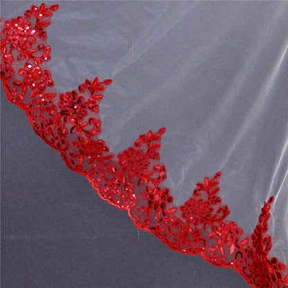 Felicity - Red Lace Fingertip Length Bridal Veil