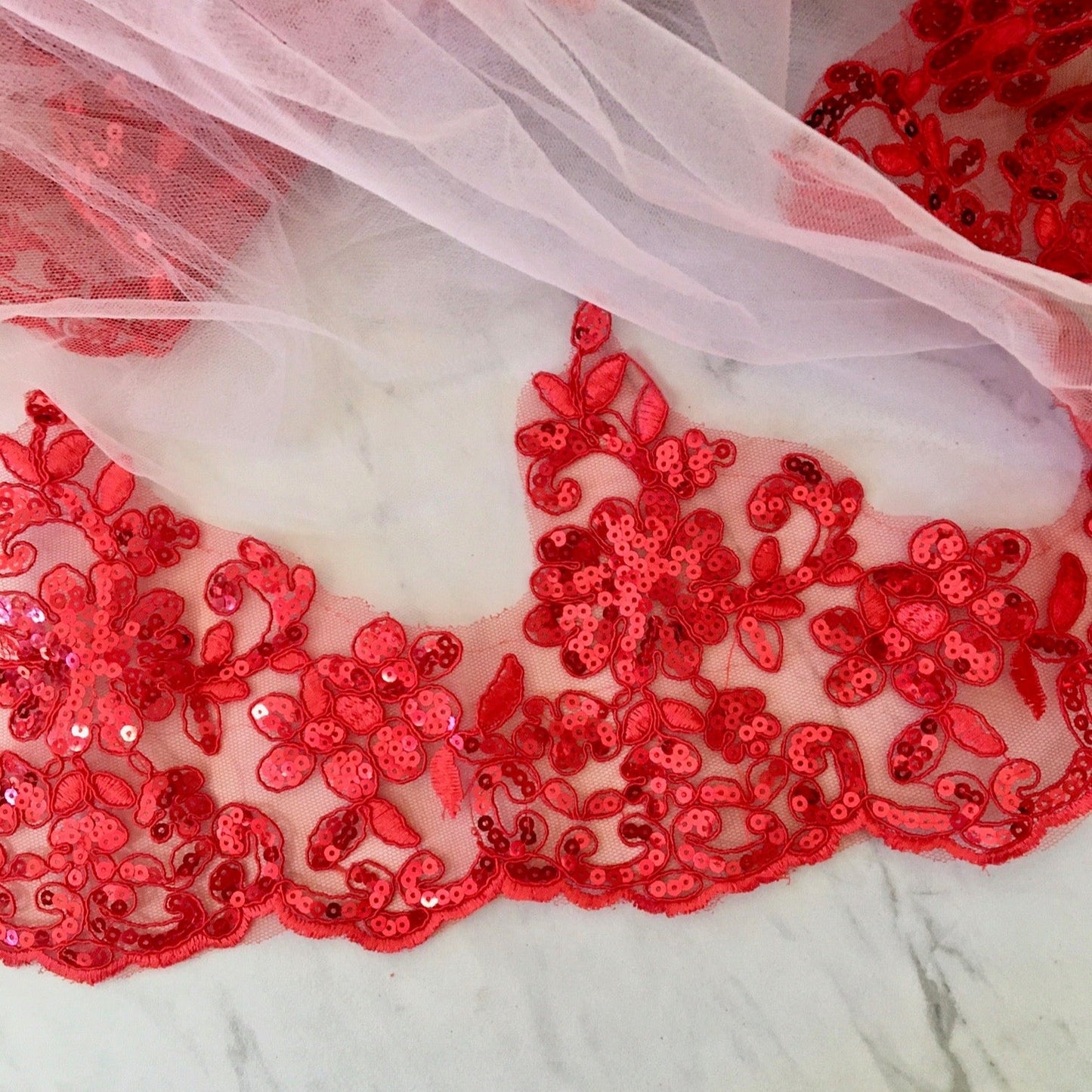 Felicity - Red Lace Fingertip Length Bridal Veil
