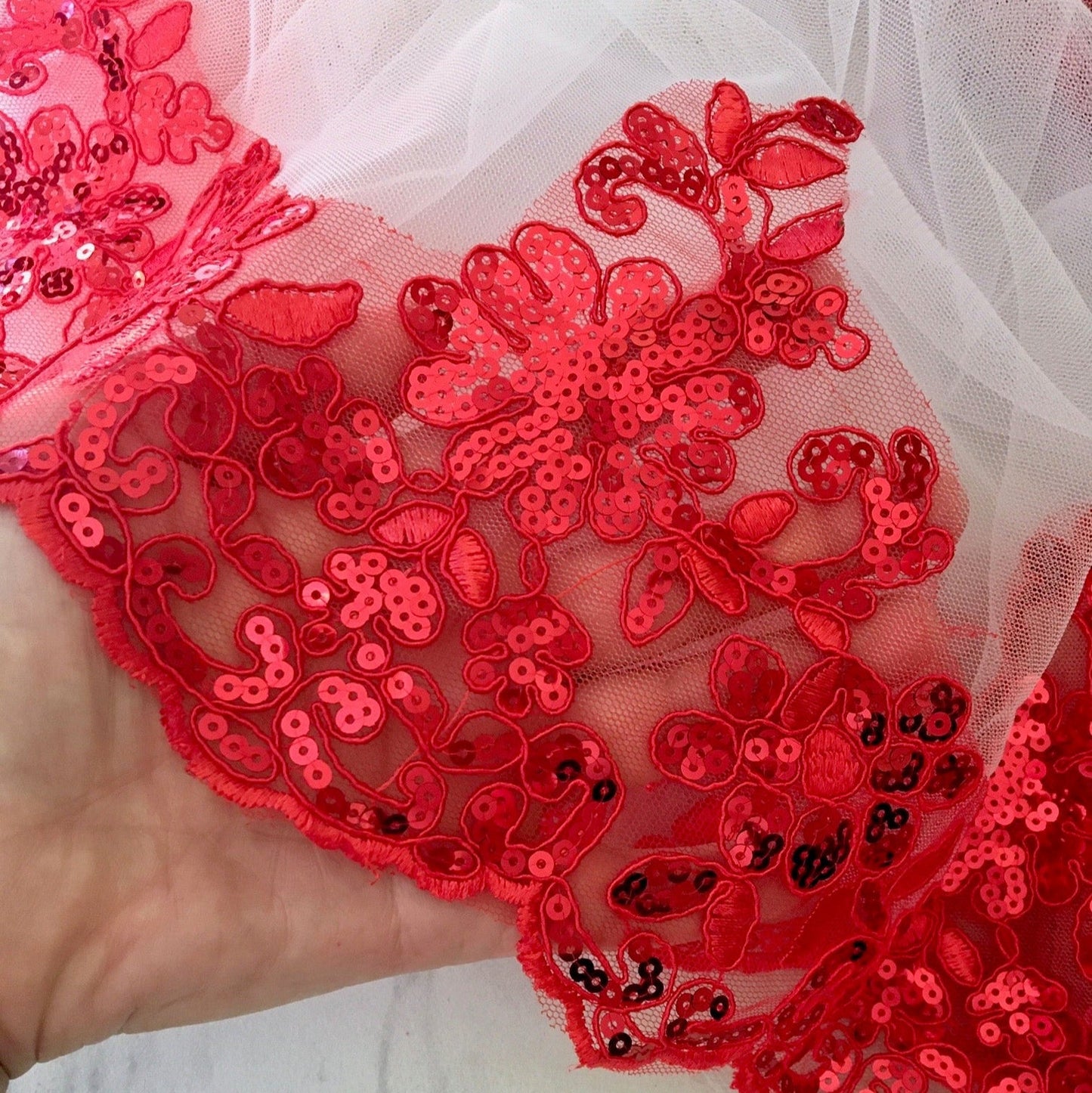 Felicity - Red Lace Fingertip Length Bridal Veil