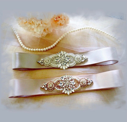 Katie - Pearl and Crystal Bridal Belt/Sash - Available in Silver and Rose Gold