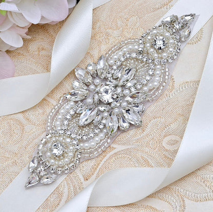Katie - Pearl and Crystal Bridal Belt/Sash - Available in Silver and Rose Gold