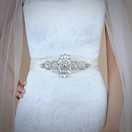Katie - Pearl and Crystal Bridal Belt/Sash - Available in Silver and Rose Gold