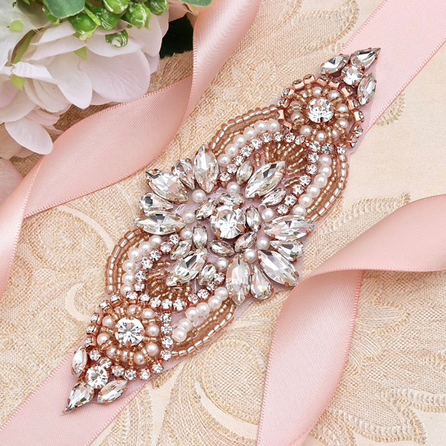 Katie - Pearl and Crystal Bridal Belt/Sash - Available in Silver and Rose Gold