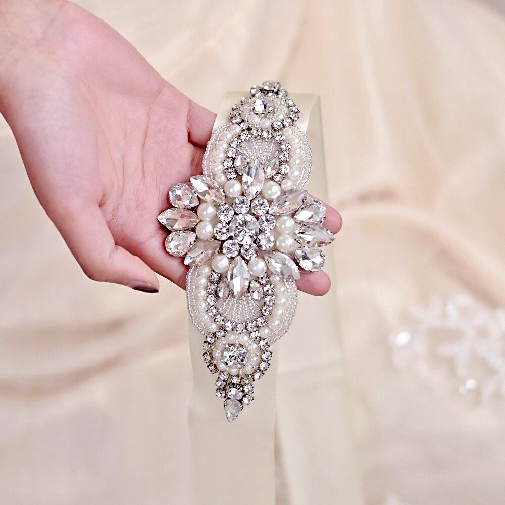 Katie - Pearl and Crystal Bridal Belt/Sash - Available in Silver and Rose Gold