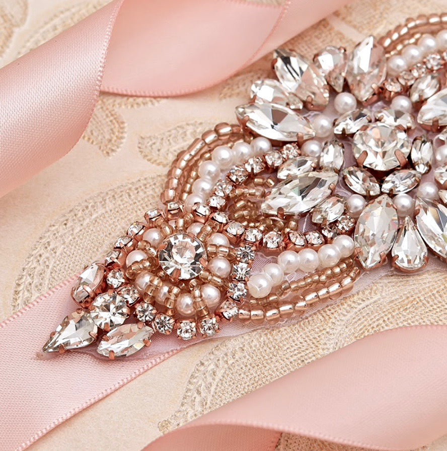 Katie - Pearl and Crystal Bridal Belt/Sash - Available in Silver and Rose Gold