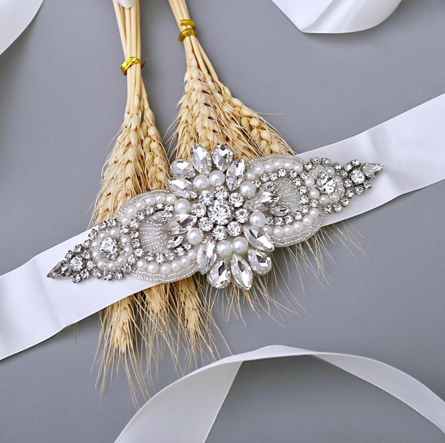 Katie - Pearl and Crystal Bridal Belt/Sash - Available in Silver and Rose Gold