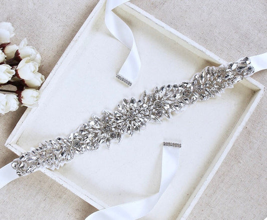 Dee - Silver Crystal Bridal Belt/Sash