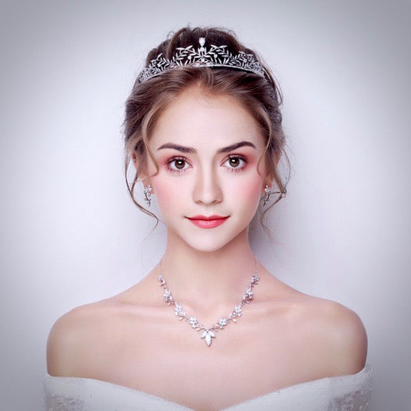 Julia - Silver Cubic Zirconia Bridal 3-Piece Jewelry Set With Tiara