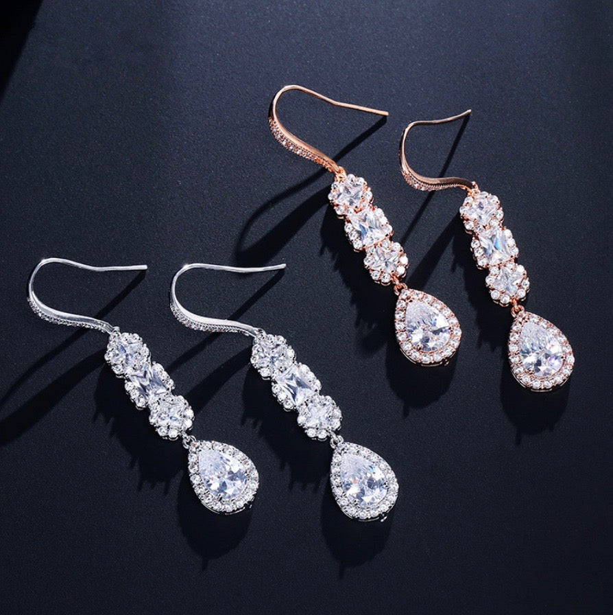 Leslie - Cubic Zirconia Bridal Earrings - Available in Silver and Rose Gold