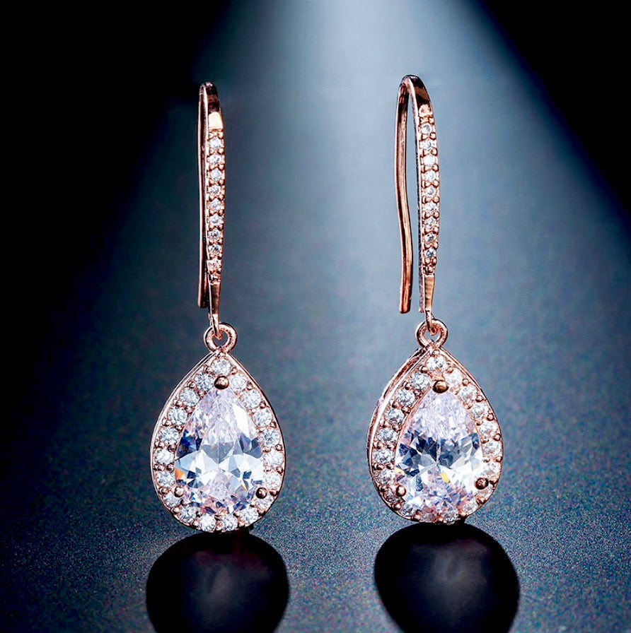 Stacia - Cubic Zirconia Bridal Drop Earrings - Available in Silver and Rose Gold
