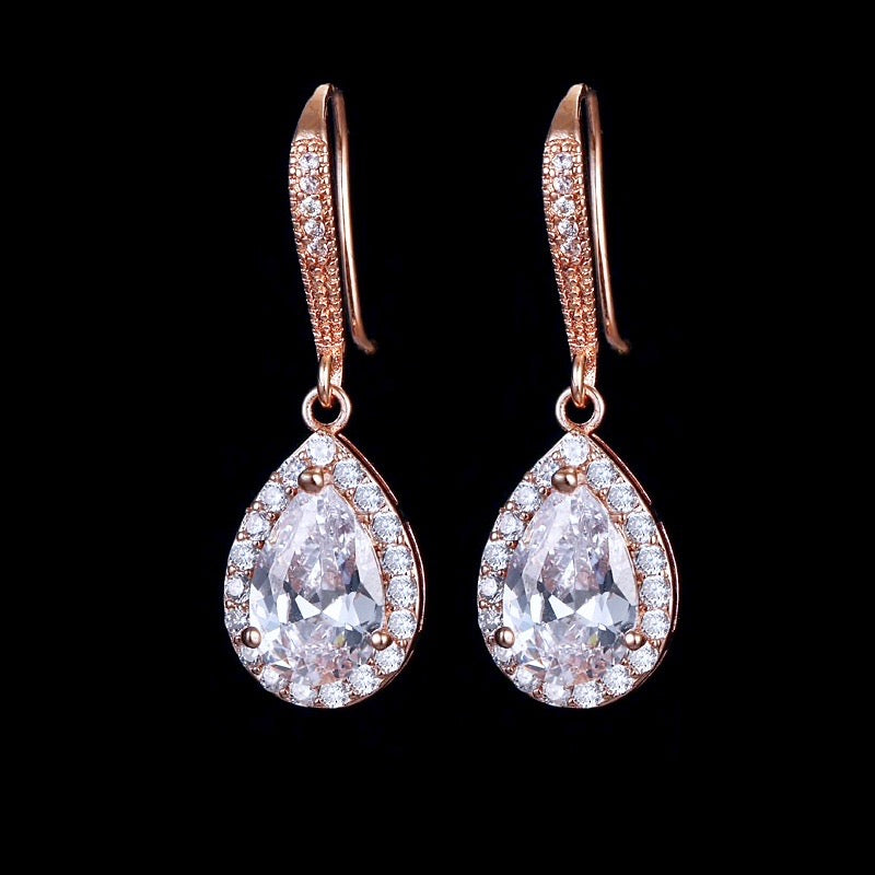 Stacia - Cubic Zirconia Bridal Drop Earrings - Available in Silver and Rose Gold
