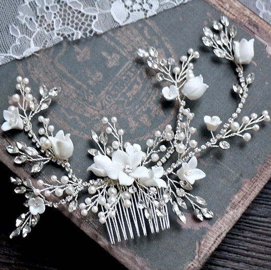Dayna - Silver Pearl and Crystal Bridal Hair Comb/Vine