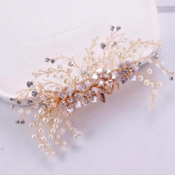 "Fabiola" - Rose Gold Pearl and Crystal Bridal Hair Clip