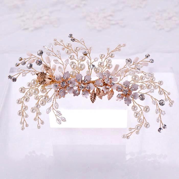 "Fabiola" - Rose Gold Pearl and Crystal Bridal Hair Clip