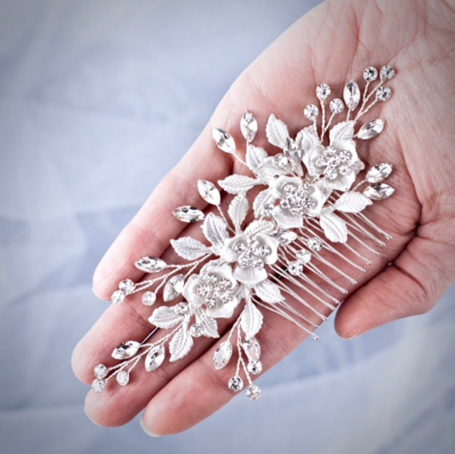Myra - Floral Bridal Hair Comb - Available in Silver, Rose Gold and Yellow Gold