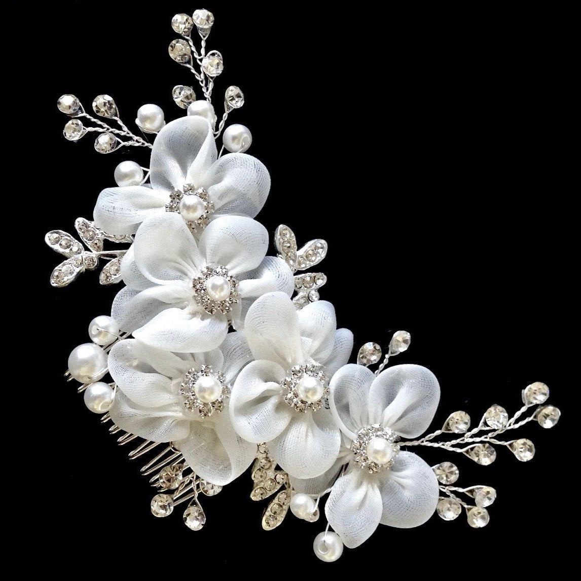 Danielle - Silver Pearl and Crystal Bridal Hair Comb/Clip