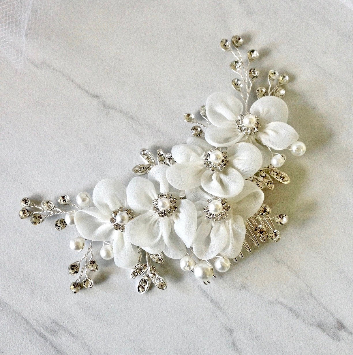 Danielle - Silver Pearl and Crystal Bridal Hair Comb/Clip