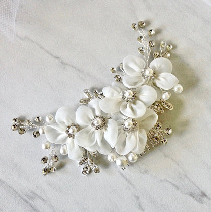 Danielle - Silver Pearl and Crystal Bridal Hair Comb/Clip